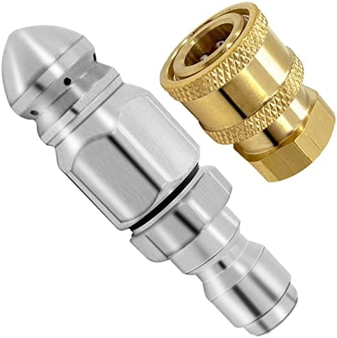 2 Pack 5000 PSI Sewer Jet Nozzle with Pressure Washer Coupler, Stainless Steel 1/4 Inch Pressure Washer Drain Jetter Hose Nozzle and Brass Fittings Quick Connector, 1/4