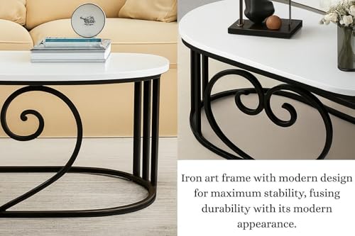 Image of CROWN ART SHOPPEE Oval Accent Metal Centre Table with Marble Look Coffee Tables with Engineered Wood Top and Metal Frame, Contemporary Table for Office, Bedroom, or Living Room Black White