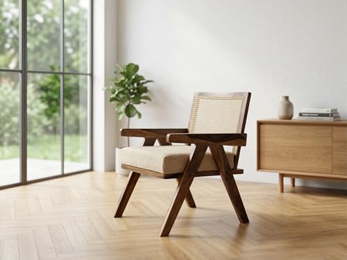 Image of WELL KNOWN Solid Sheesham Wood & Cane Chair Wooden Rattan Arm Chair | Dining Chair for Living Room, Bedroom, Indoor, Outdoor & Home | Natural Finish