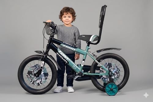 Image of TONY RAW Kids Bicycle14T inch Sports Cycle for 3 to 5 Years Baby Boys & Girls with Side Training Wheels & Back Rest Seat /Water Bottle SEMI-Assembled (Green)