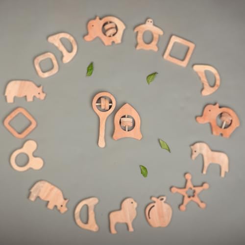 Image of Natural Neem Wood Baby Teether - Handmade Animal Shape Wooden Toy - Non-Toxic, Organic Chew Aid for Teething - Safe for Gums - Biodegradable, Eco-Friendly Gift for Infants & Toddlers (Neem Wood Baby Teether Set -2)