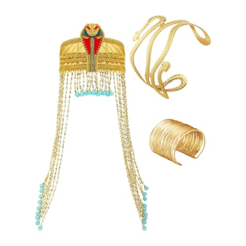 budiniao Ensemble Complet d'accessoires de Costume de Reine égyptienne Comprenant Un Bandeau, Un Brassard Serpent, Bracelet doré et Casque Cheveux en Perles,...