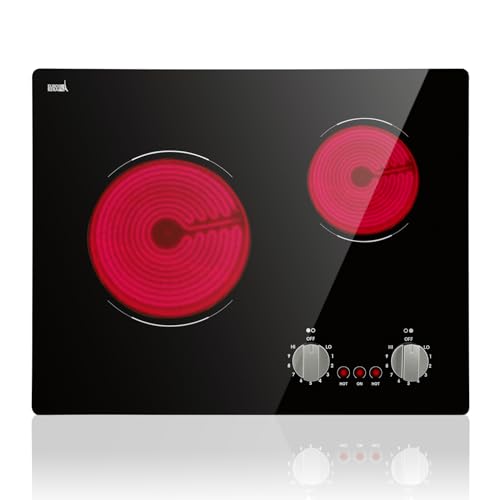 Estufa eléctrica de 2 quemadores, control mecánico de cerámica integrado de 21 pulgadas, 9 niveles de calefacción, 220-240 V, cable duro, protección contra sobrecalentamiento