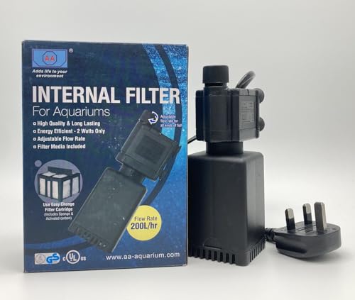 AA Aquarium Fish Tank Internal Filter, 200 L/hr, Adjustable Flow, for tanks up to 80L (or 24" tank), Filter Cartridge Inlcuded, 2Yr Warranty, UK plug