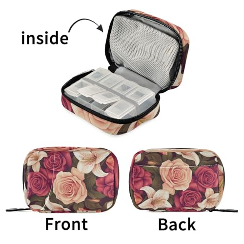 Image of Roses and Lily Flowers Cute Pill Organizer Weekly Travel Pill Box 7 Day Large Capacity Pill Dispenser Case with 8 Pill Container Daily Pill Box Organizer Vitamin Holder Pill Bot