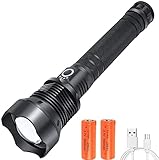 Super brillante y duradero: La linterna adopta XHP70 LED, Ultra Bright, puede ser de hasta 10000 lúmenes, la distancia de iluminación es de 300-500 m. El cuerpo está hecho de aleación de aluminio superior, robusta y duradera, el asa es antideslizante, cómoda para sujetar, y el diseño de la disipación de calor puede prolongar la vida útil de la antorcha.