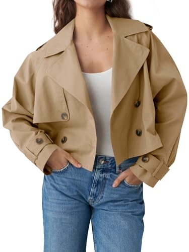 Tankaneo Womens Cropped Trench Coat Lapel Double Breasted Short Jacket Outwear