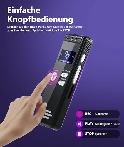 128GB NekSide Diktiergerät Aufnahmegerät, Type-C Interface Tonbandgerät One-Touch-Aufnahme MP3, 3072kbps Diktiergerät Digital Voice Recorder, HD Dual MIC Aufnahmegerät für Vortrag, Meeting, Interview