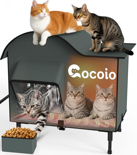 Extra L Large Heated Cat House for Outside,Outdoor Weatherproof Insulated Cat House,Upgraded Elevated Warm Cat Shelters for Winter with Heat Pad,Eaves&Escape Door Collaspable Multiple Ferals Warming