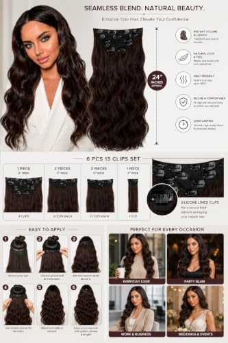 Image of Salon-Grade BROWN with MAROON HIGHLIGHTS Curly /Wavy Clip-in Extensions - 6PCS Synthetic Hair Volumizer with 13 Secure Clips for Instant Volume & Realistic Blend