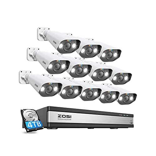 ZOSI 16CH PoE Kit de Cámara de Seguridad, 12pcs 5MP Cámara IP de Vigilancia PoE, 4K H.265+ NVR con 4TB HDD, Visión Nocturna en Color, Alarma de Detección de Personas 12x 5MP C182 Blanco