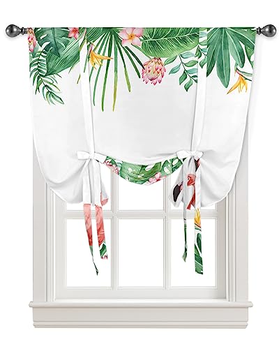 Yukro Tie Up Curtains Window Shades, Summer Tropical Plants with Pink Flamingos Rod Pocket Tie Up Window Shade, Adjustable Balloon Curtain Shade for Blinds Kitchen Bathroom, 1 Panel, 34