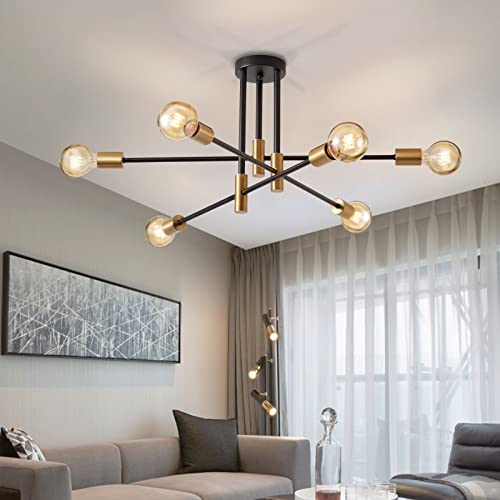 Lightess Chandeliers Ceiling Light Sputnik Chandelier 6 Lights, Black and Gold Metal E27 Pendant Light for Living Room Bedroom Kitchen, Max 40W(Not Include Bulb)