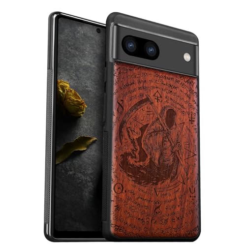 Carveit Wood Case for Pixel 8a Case [Natural Wood & Black Soft TPU] Shockproof Protective Cover Unique Wooden Case Compatible with Google Pixel 8a Case (The Grim Reaper of Carved-Red Wood)