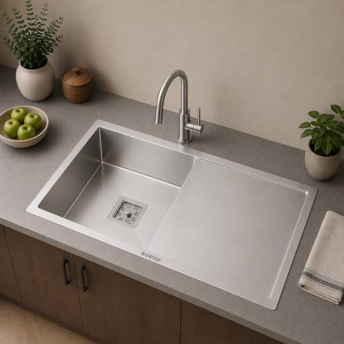 Image of Kitchen Sink 45x20x10 Inch Single Bowl With Drain Board Silver 304 Stainless Steel Handmade Sink for Kitchen Basin Including Coupling Fruit Tray Hose Pipe Kitchen Sinks