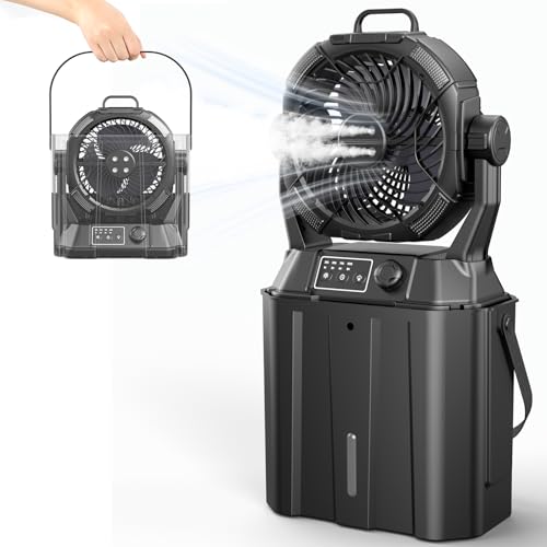 Misting Fan Portable Camping Fan 42800mAh Rechargeable with Remote Control, 3 LED Light & Stepless Speed Control & Cooling Spray with 6L Bucket, Timer Function, Portable Handle, Rotating Hanging Hook