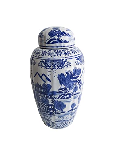 Galt International 16" Blue and White Urn Style Ceramic Porcelain Ginger Jar Classic Temple Landscape Design Home Decor