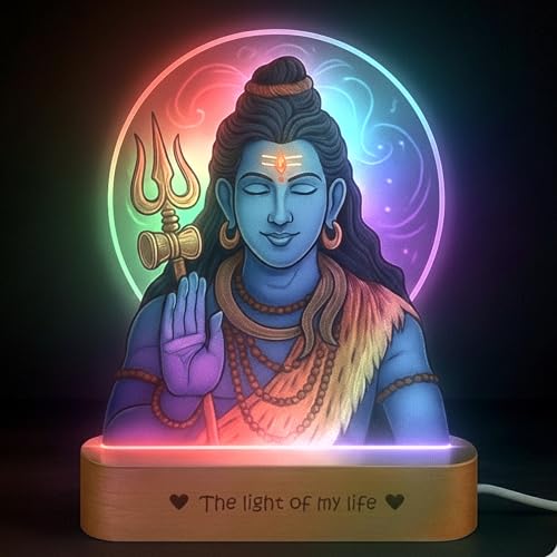 Image of ZOCI VOCI Lord Shiva LED Lamp with Wooden Base - Shiv Ji Night Light for Pooja Room, Mahadev Photo Frame Lamp for Home Temple Decor, Bedside Table Lamp (RGB Smooth - (No Remote))