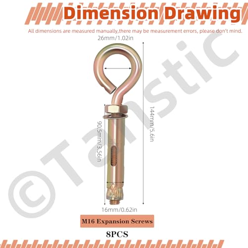 Image of Tanstic 8Pcs M16 Heavy Duty Carbon Steel Gold Tone Eye Bolts for Wall Ceiling Concrete Masonry