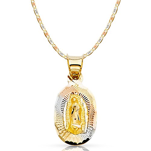 Ioka 14K Gold Our Lady of Guadalupe Virgin Mary Stamp Pendant Necklace with 1.5mm Valentino Chain in Tri Color Gold