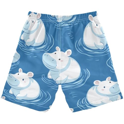 Boys Beach Board Shorts Hippo Blue Cartoon Animal Swim Trunk Teen Swimwear 8-16Y2