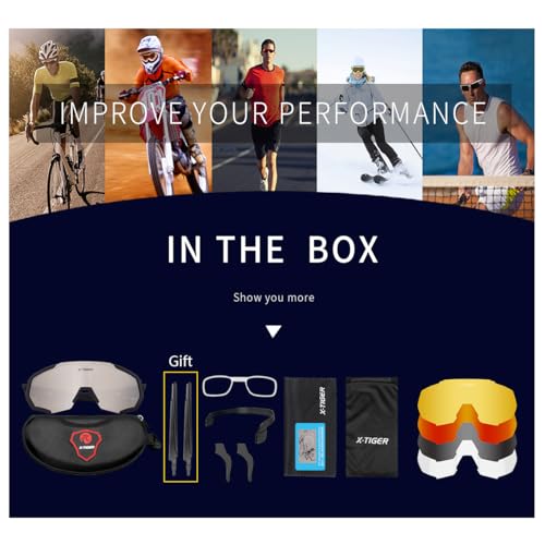 Foto von X-TIGER Fahrradbrille, Herren Damen Sportbrille, UV400 mit 5 Wechselgläser,Starker TR90 Frame, mit Montierbarem Brillenband & Ohrhaken, Outdoor-Sport/Radfahren/Laufen/Autofahren/Angeln/Golf