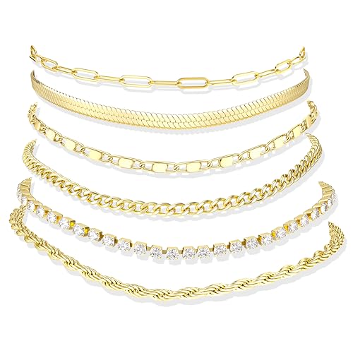 Image of Besteel Ankle Bracelets for Women Waterproof - 14K Gold Plated Non Tarnish Layered Cuban Link Chain Rope Figaro Herringbone Anklets Set Plus Size Anklet Summer Foot Jewelry Gift Adjustable 8-12 Inch