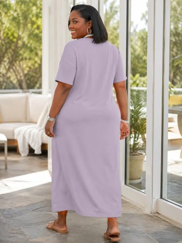 Image of Plus Size Maxi Dress for Women Short Sleeve V Neck Casual Loose Sundress with Pockets