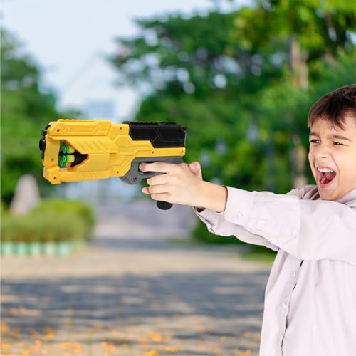 Image of Aditi Toys High Performance Six Fire Gun, Toy Blaster Gun With 6 Dart Rotating Drum, Hi-Arm Toy Gun For Kids Above 6 years, Accurate Upto 45 Feet, Includes 10 Soft Bullet Darts, BIS Approved. (Yellow)