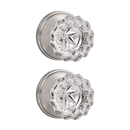 Knobelite (2 Pack Diamond Crystal Glass Interior Door Knobs Non-Locking,Dummy Door Knobs For French Doors,Round Crystal Glass Keyless Door Knobs Interior,Dummy Function,Satin Nickel #TOP4