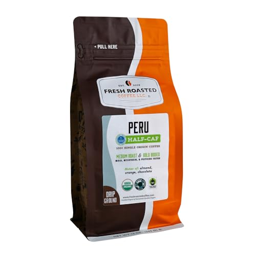 Image of Fresh Roasted Coffee, Organic Peru Water-Processed Half-Caf Drip Ground Coffee, Medium Roast, USDA Organic, 3rd Party Tested for Mold, Mycotoxin & Pesticides, Kosher, 12 oz
