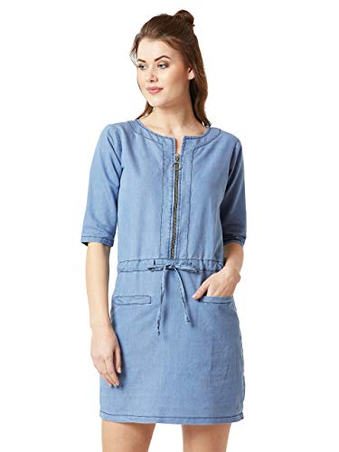 Image of Miss Chase Women's Polo Neck Rolled Up Full Sleeve Denim Solid Buttoned A-Line Mini Dress