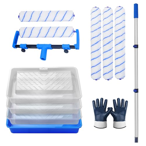 BERXOL Paint Roller Kit, 12PCS Painting Set, 18 inch Paint Rollers Disposable Paint Tray Liners and Roller Covers, 21.26~47.64in Extension Pole, Large Paint Rollers(Gloves Included)