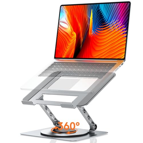 TECKNET Laptop Stand for Desk, 360 Rotating Base, Ergonomic Foldable Computer Stand for Laptop Riser Height Adjustable, Compatible with MacBook Pro, All Laptops 10-17" - Silver