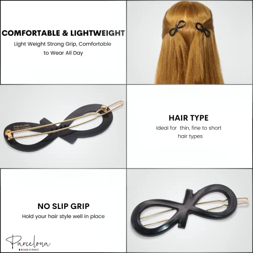 Parcelona French Ribbon Knot Infinity 2 1/4" Small Celluloid Acetate Hair Clips With Tige Boule Clasp Set Of 2 Fashion Durable Styling No Slip Grip Women Hair Accessories Girls Side Slide-In Barrette Clip ,Made In France (Solid Black) #TOP1