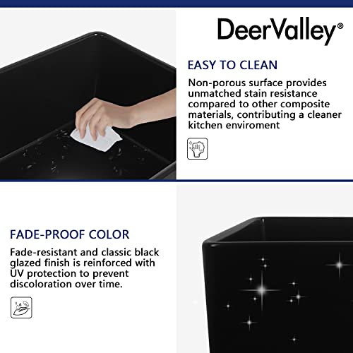Deer Valley 36 Inch Fireclay Farmhouse Sink with Bottom Grid and Strainer, Apron-Front Undermount Kitchen Sink, Large Deep Single Bowl, Black