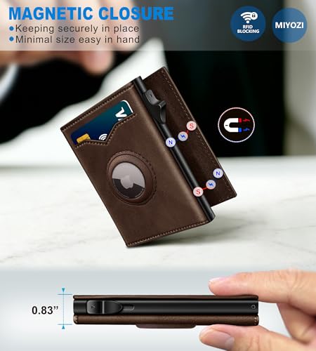 Image of miyozi Airtag Wallet for Men,with Cash Pocket 2 ID Window 9-12 Cards,Metal Case Smart Slim Pop Up Credit Card Holder Flip with Magnetic Closure RFID Blocking Trifold wallet with Gift Box