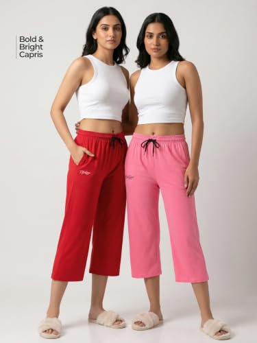 Image of Fflirtygo Women's Cotton Plain Calf Length Capri | Nightwear Short Pyjama | 3 /4th Solid Pyjama Pant | Regular Fit Casual & Lounge Wear Capri Combo (Pack of 2)