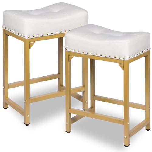 Image of Bar Stools Set of 2, Counter Height Bar Stools for Kitchen Island, 24 Inch Modern White & Gold Saddle Backless Barstools, Counter Stool with Metal Base & Thick Saddle Seats(White+Gold)