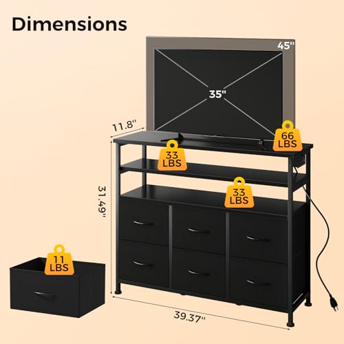Image of NEWBULIG Dresser TV Stand with 6 Fabric Drawers and 2 Shelves, TV Media Console Table for Up to 45 inch, Entertainment Center with Charging Station for Living Room Bedroom, Black