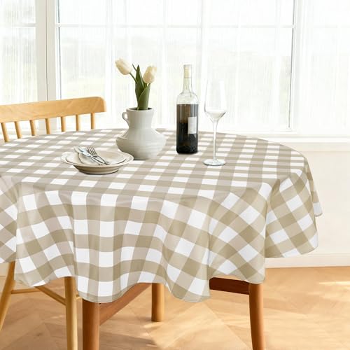 JIUZHEN Khaki and White Checkered Tablecloth 90 Inch Round - Spillproof, Stain Resistant and Wahable Table Cloth for Buffet Banquet Parties, Party Holiday Dinner by JIUZHEN - Used condition - CA$10.34