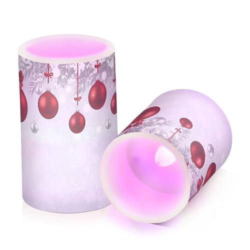 Image of Christmas Lights Decorations Flameless Candles New Year Fir Branches Red Christmas Balls Pillar Candles Set of 2 Battery Operated Remote Control Warm Lights
