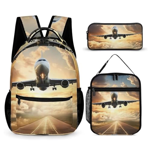 Airplane Backpack Set 3 Piece, Durable Backpack Insulated Lunch Bag Portable Pencil Case for Men Women