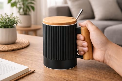 Image of Coffee Mug, Gift for Woman, Birthday Present for Girlfriend, Present for Wife Birthday, Mugs for Present, Holi Gifts, Panda Mug with Lid & Spoon Mug For Kids (Fluted Black)