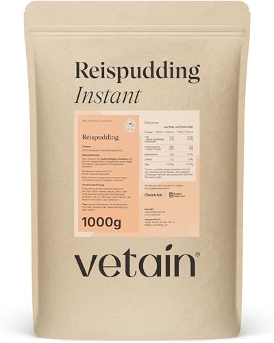 VETAIN Instant Reispudding 1kg - 100 % Reisgrieß - 83 g Kohlenhydrate pro 100 g - geschmacksneutral - Rice Pudding ohne Zusatzstoffe & Zucker - vegan, gluten- & laktosefrei - produziert in Deutschland