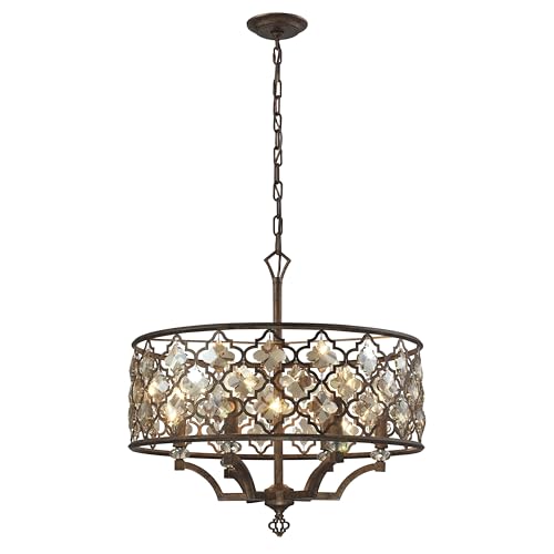 Elk Home Armand 6-Light Chandelier - in Weathered Bronze Finish, with Weathered Bronze Metal Shade with Amber Teak Crystal, Traditional Style