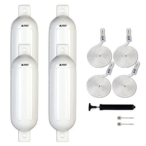 Image of Leader Accessories Ribbed Twin Eyes Boat Fender Bumper Pack of 4 Includes 3 /8'' Fender Lines and Pump to Inflate