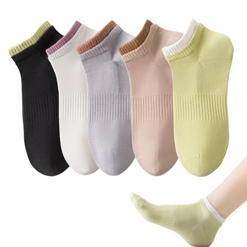 Yomutiur Cotton Ankle Socks for Women Low Cut Thin Sock Lightweight Solid Color 5 Pairs (Size for 5-10)