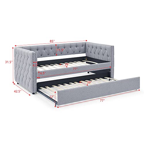 HAUSHECK Upholstered Daybed with Trundle on Wheels - Twin Size Trundle Day Bed Frame with Caster, Button Tufted Backrest & Nailhead Square Armrest, Modern Sofa Bed No Box Spring Needed - Thumbnail 2