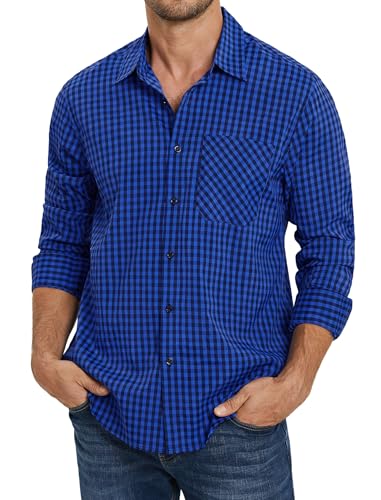 Enlision Camisas Hombre Manga Larga Azul Real y Negro Camisa a Cuadros Leñador Casual Clásica para Hombre con Botones Bolsillo Regular Fit Tallas Grandes XXL